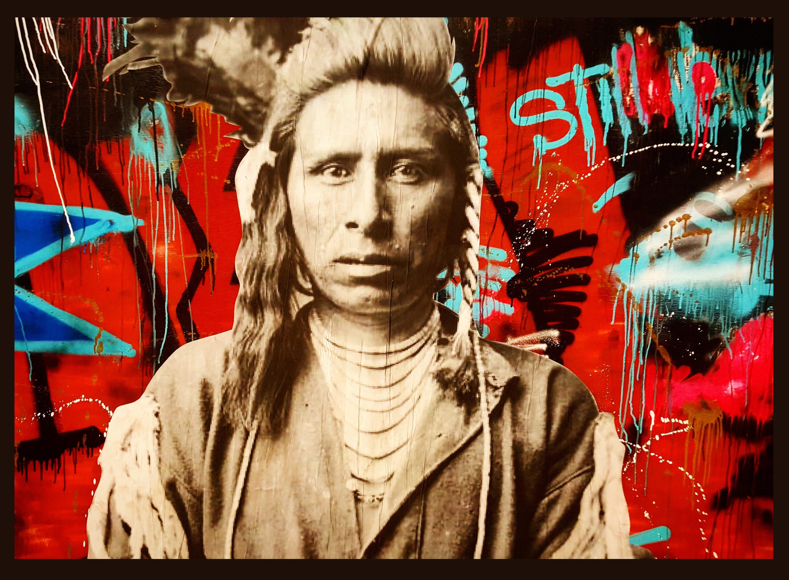 Native American image with graffiti style lettering. Background red, turquoise, and black